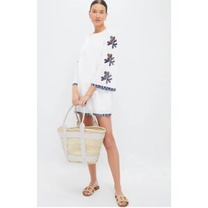 White Embroidered Mini Dress with Navy Trim